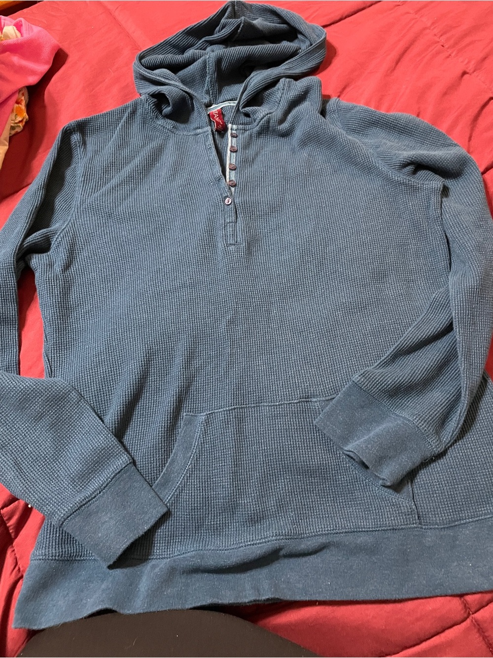 Hooded Waffle Knit Pullover Shirt - Blue